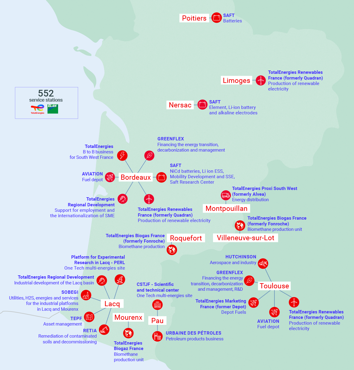 Map of locations in Southwest France